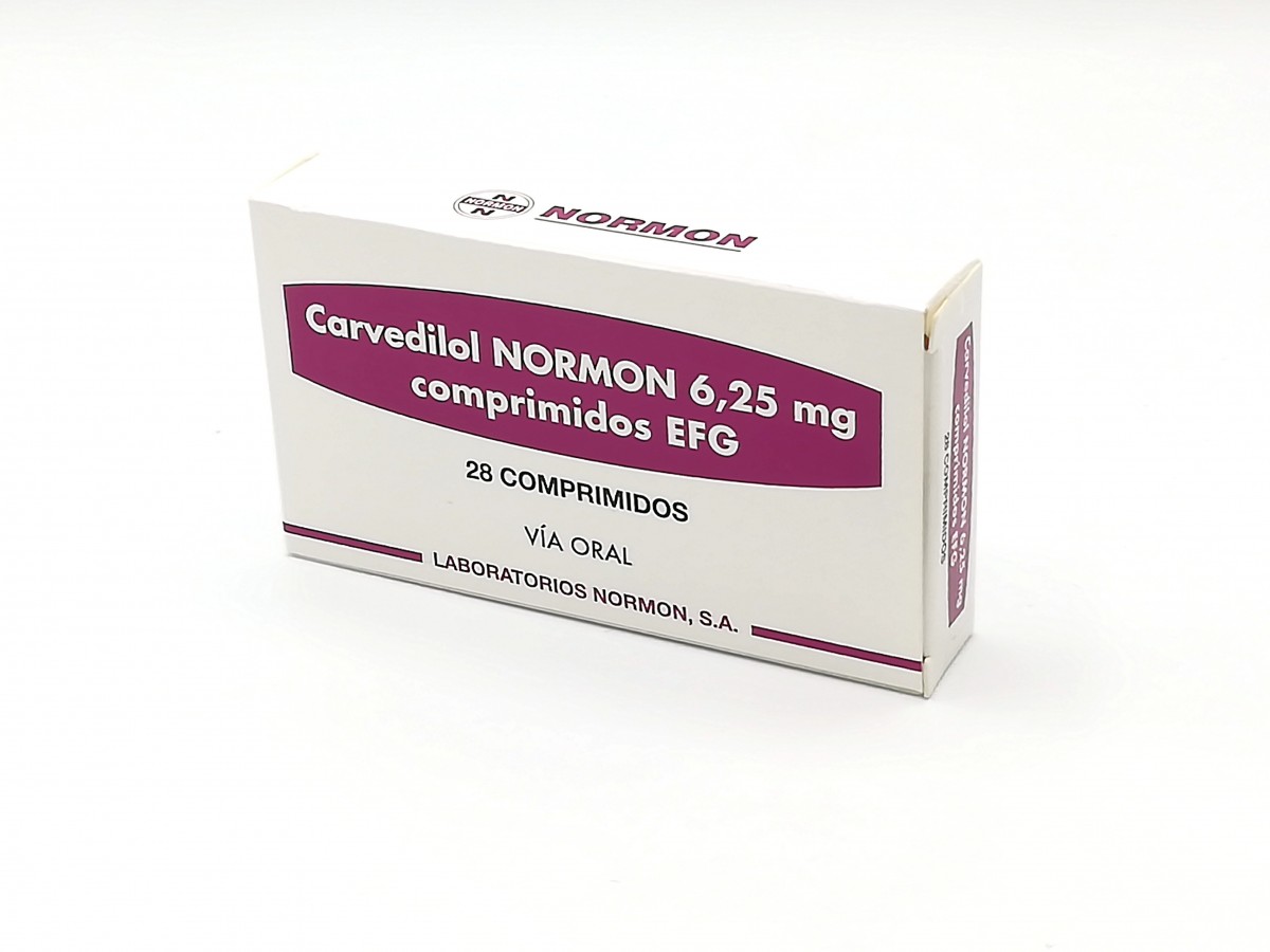 CARVEDILOL NORMON 6,25 mg COMPRIMIDOS EFG , 28 comprimidos fotografía del envase.
