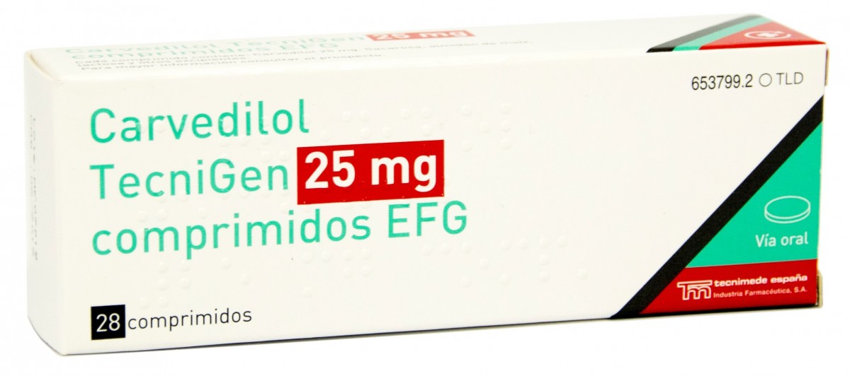 CARVEDILOL TECNIGEN 25 mg COMPRIMIDOS EFG, 28 comprimidos fotografía del envase.