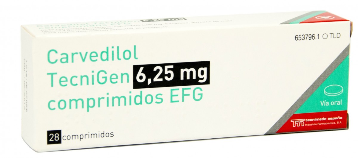 CARVEDILOL TECNIGEN 6,25 mg COMPRIMIDOS EFG, 28 comprimidos fotografía del envase.
