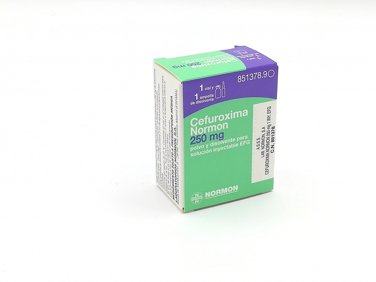CEFUROXIMA NORMON 250 mg POLVO Y DISOLVENTE PARA SOLUCION INYECTABLE EFG , 100 viales + 100 ampollas de disolvente fotografía del envase.