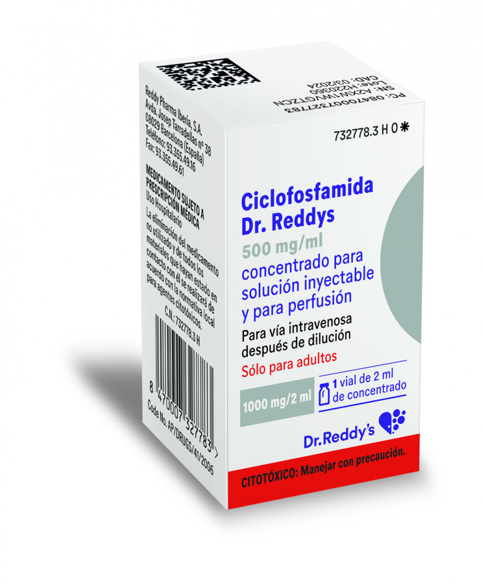 CICLOFOSFAMIDA DR. REDDYS 500 MG/ML CONCENTRADO PARA SOLUCION INYECTABLE Y PARA PERFUSION, 1 vial de 1 ml fotografía del envase.