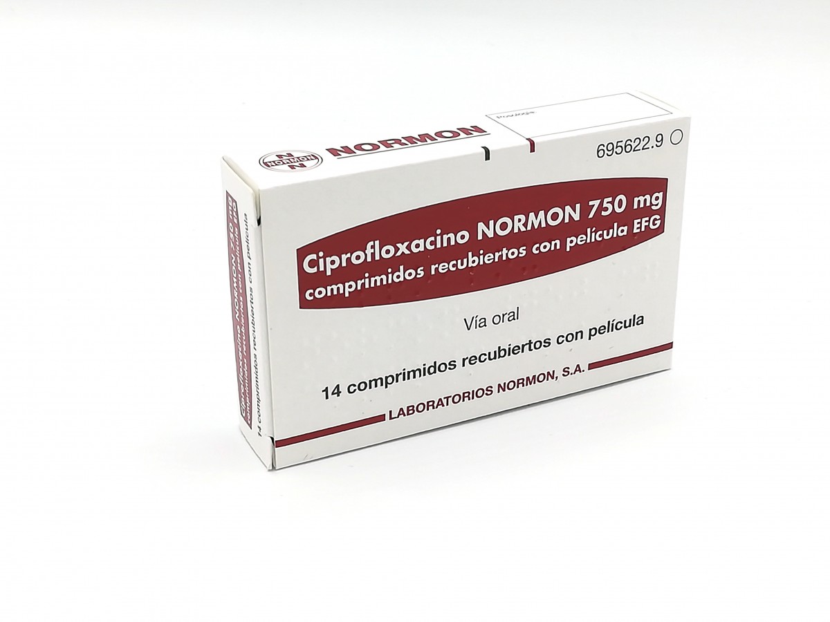CIPROFLOXACINO NORMON 750 mg COMPRIMIDOS RECUBIERTOS CON PELICULA  EFG , 500 comprimidos fotografía del envase.