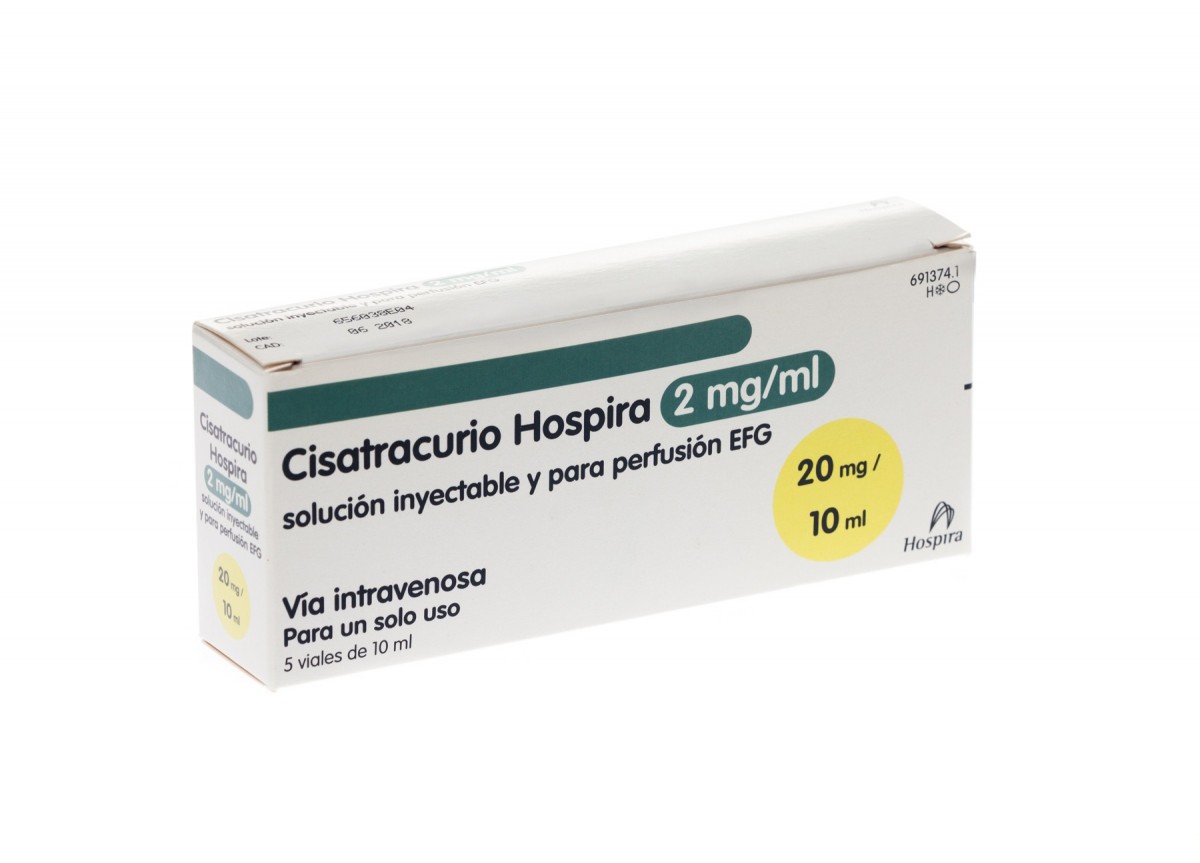 CISATRACURIO HOSPIRA 2 mg/ml SOLUCIÓN INYECTABLE Y PARA PERFUSIÓN EFG 5 viales de 2,5 ml fotografía del envase.