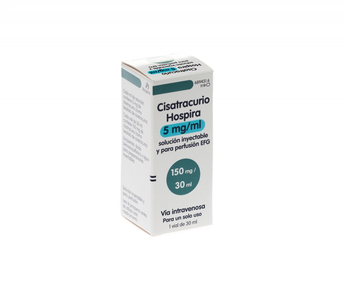CISATRACURIO HOSPIRA 5 mg/ml SOLUCION INYECTABLE Y PARA PERFUSION EFG, 1 vial de 30 ml fotografía del envase.