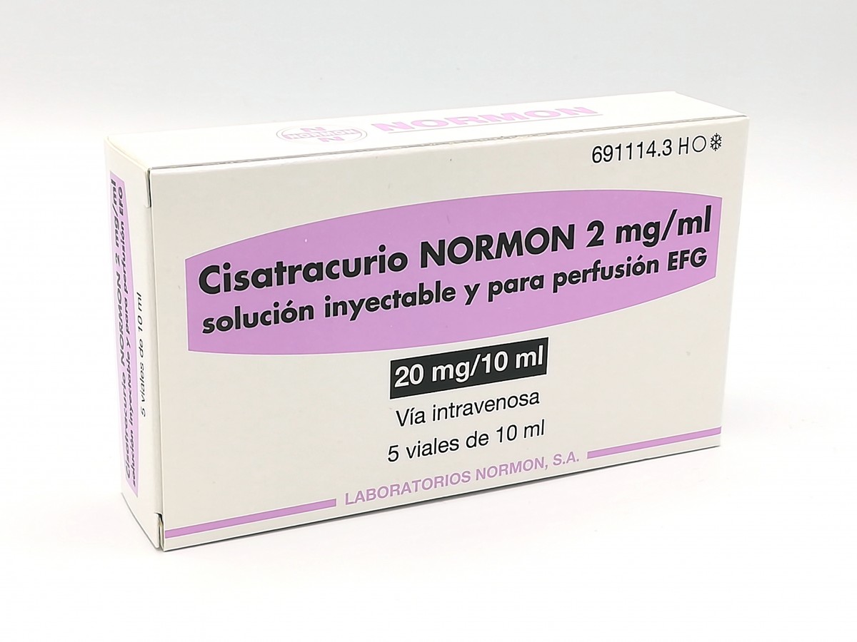 CISATRACURIO NORMON 2 mg/ml SOLUCION INYECTABLE Y PARA PERFUSION EFG , 5 viales de 10 ml fotografía del envase.