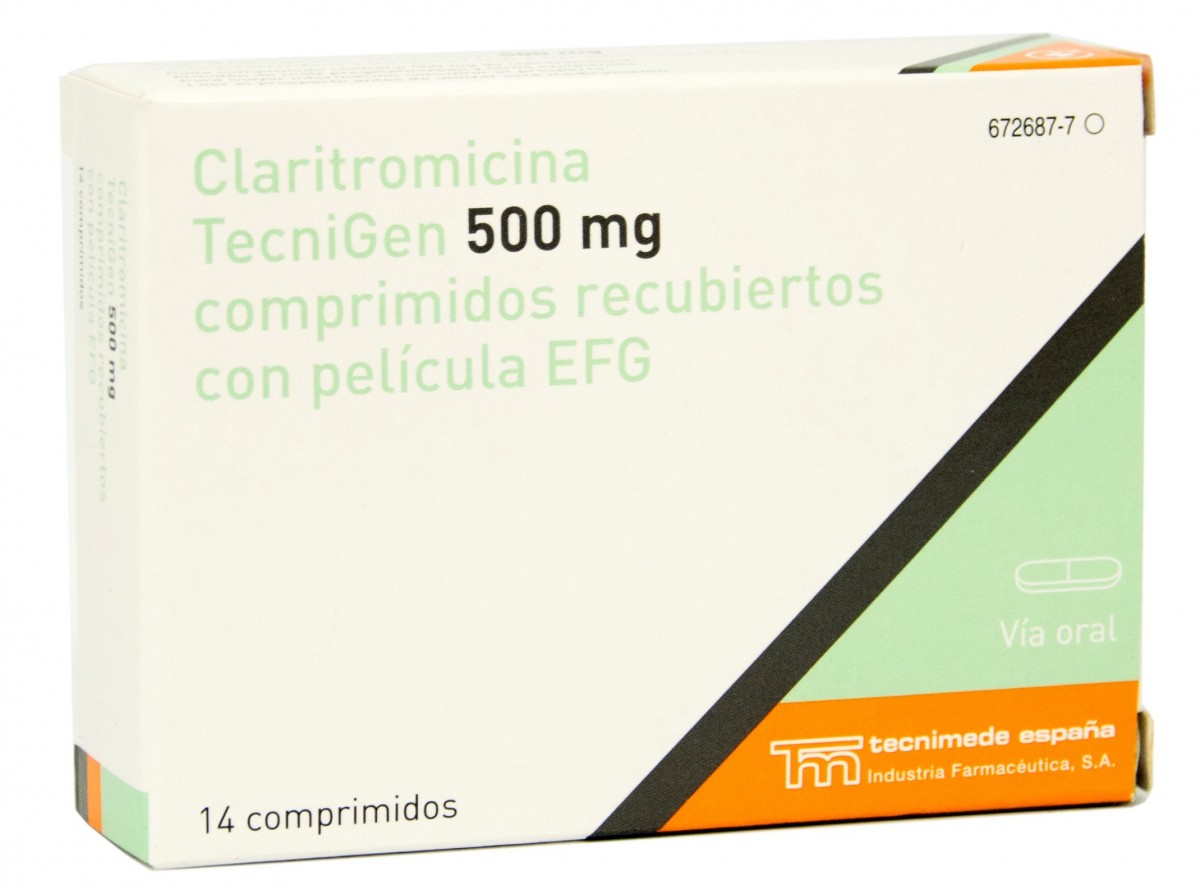 CLARITROMICINA TECNIGEN 500 mg COMPRIMIDOS RECUBIERTOS CON PELICULA EFG, 21 comprimidos fotografía del envase.