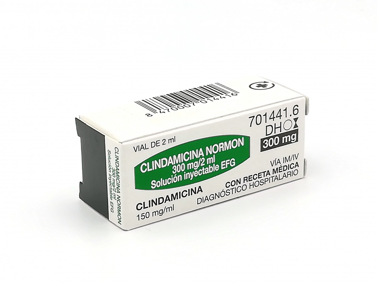 CLINDAMICINA NORMON 300 mg/2 ml SOLUCION INYECTABLE EFG , 1 vial de 2 ml fotografía del envase.