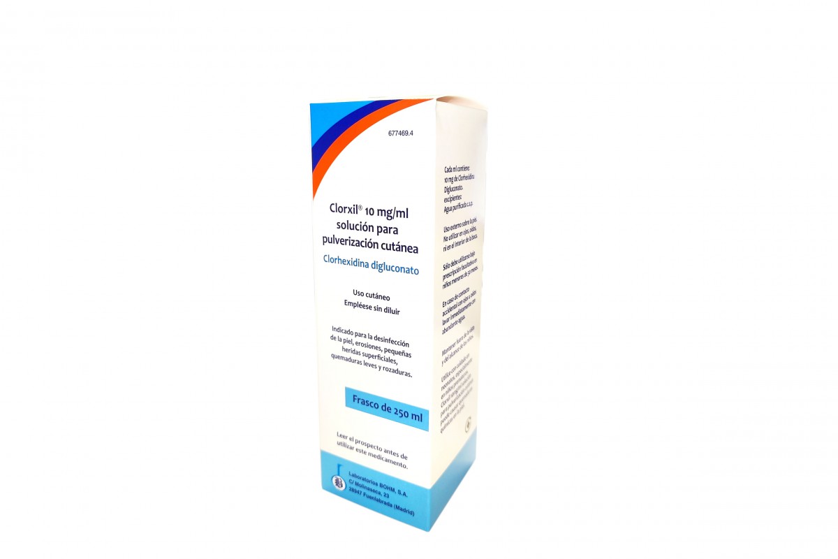 CLORXIL 10 mg/ml SOLUCION PARA PULVERIZACION CUTANEA, 1 frasco de 250 ml fotografía del envase.