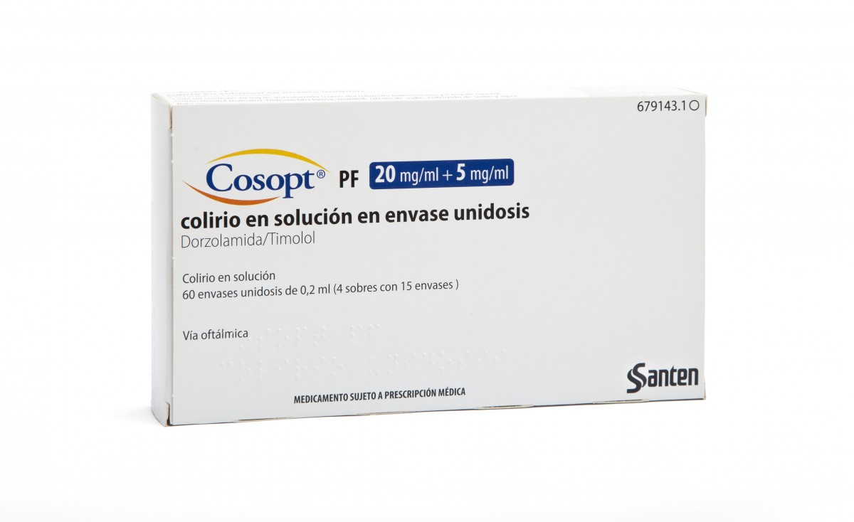 COSOPT PF 20 mg/ml + 5 mg/ml COLIRIO EN SOLUCION EN ENVASE UNIDOSIS, 60 envases unidosis de 0,2 ml fotografía del envase.