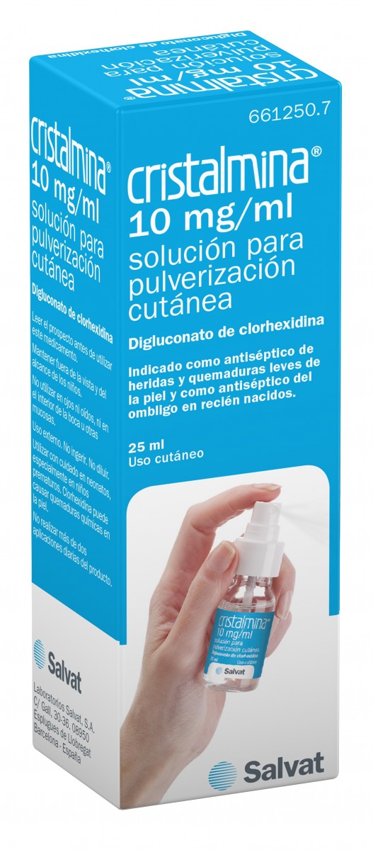 CRISTALMINA 10 mg/ml SOLUCION PARA PULVERIZACION CUTANEA, 10 frascos de 500 ml fotografía del envase.