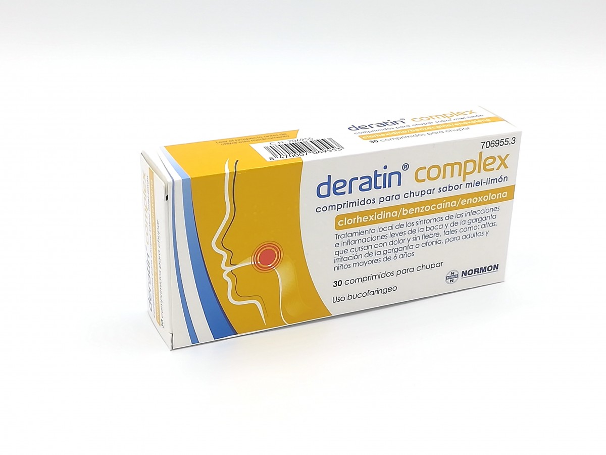 DERATIN COMPLEX COMPRIMIDOS PARA CHUPAR SABOR MIEL-LIMON , 30 comprimidos (Blister aluminio/PVC) fotografía del envase.