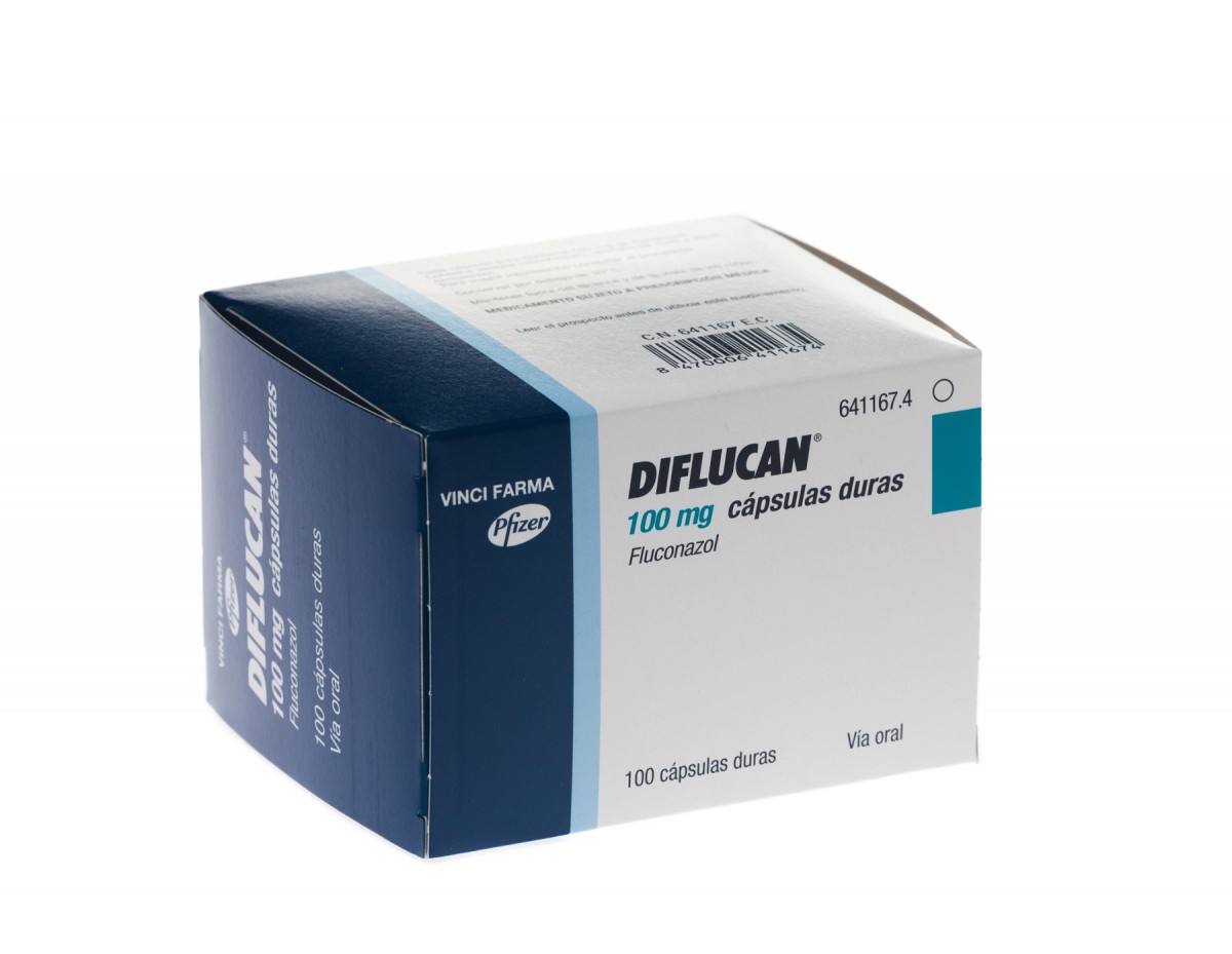 DIFLUCAN 100 mg CAPSULAS DURAS , 7 cápsulas fotografía del envase.