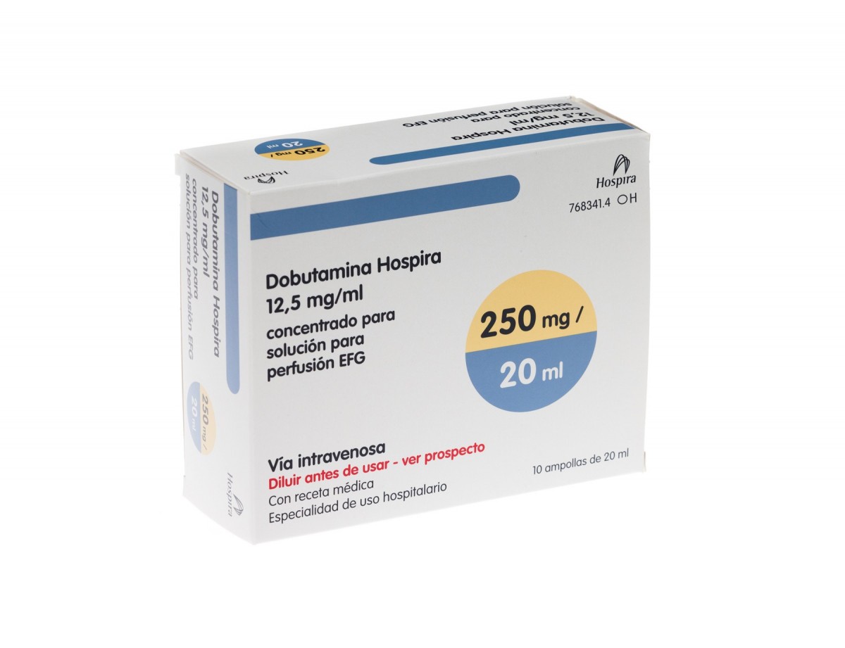 DOBUTAMINA HOSPIRA 12,5 mg/ml CONCENTRADO PARA SOLUCION PARA PERFUSION EFG , 10 ampollas de 20 ml fotografía del envase.