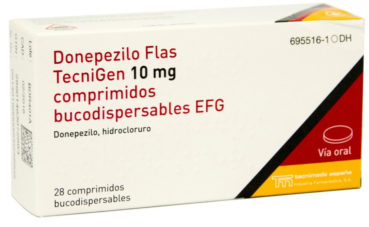 DONEPEZILO FLAS TECNIGEN 10 MG COMPRIMIDOS BUCODISPERSABLES EFG, 28 Comprimidos (AL/AL) fotografía del envase.