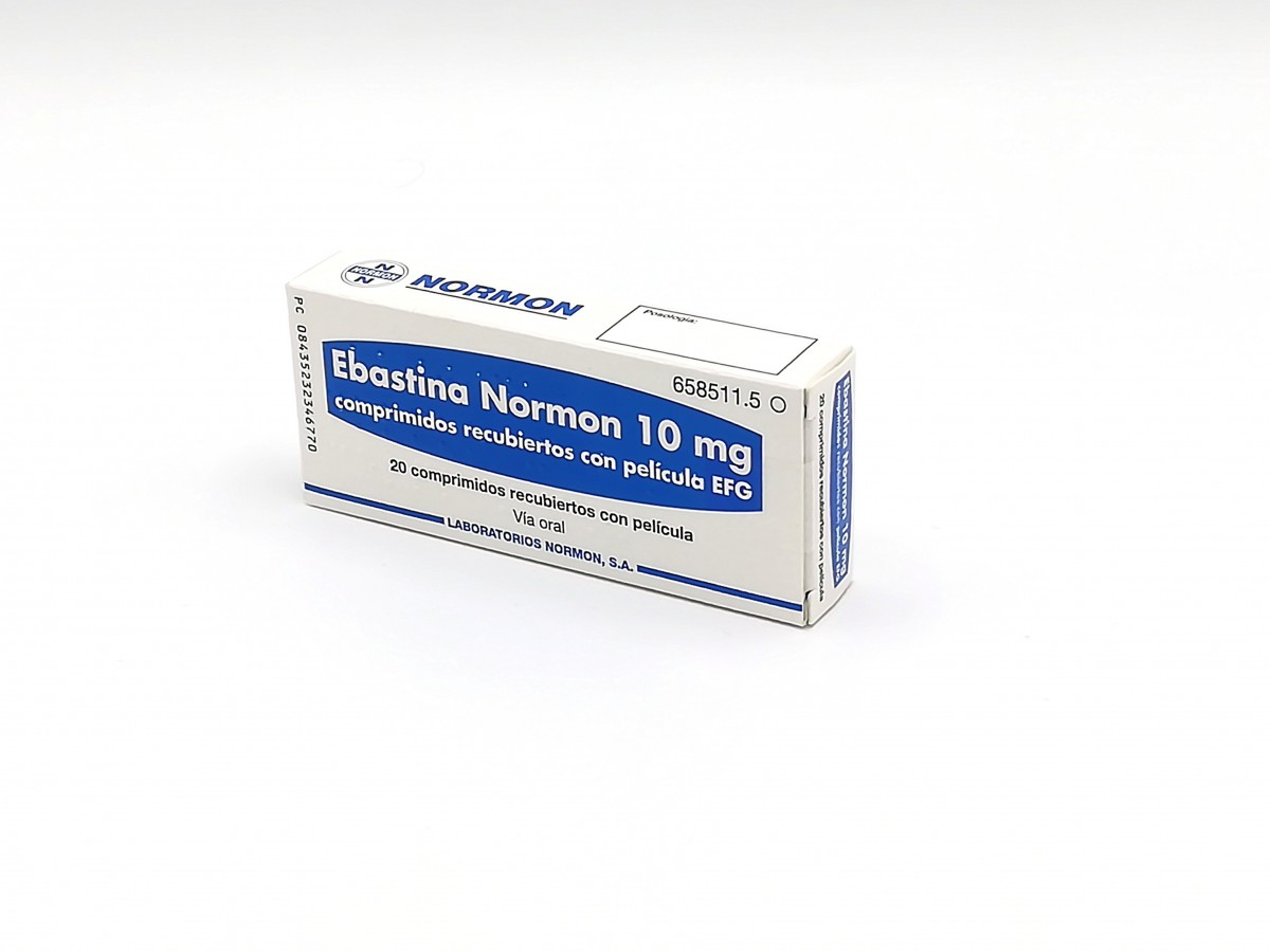 EBASTINA NORMON 10 mg COMPRIMIDOS RECUBIERTOS CON PELICULA EFG, 20 comprimidos fotografía del envase.