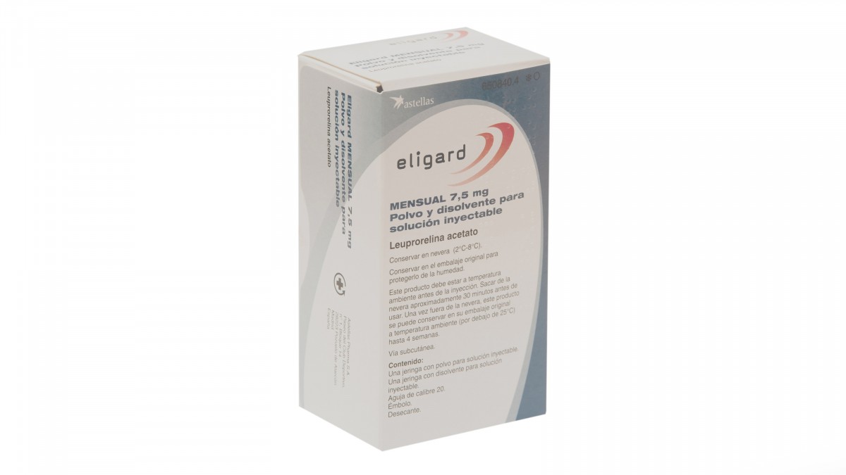 ELIGARD MENSUAL 7,5 mg POLVO Y DISOLVENTE PARA SOLUCION INYECTABLE , 1 jeringa precargada + 1 jeringa precargada de disolvente fotografía del envase.