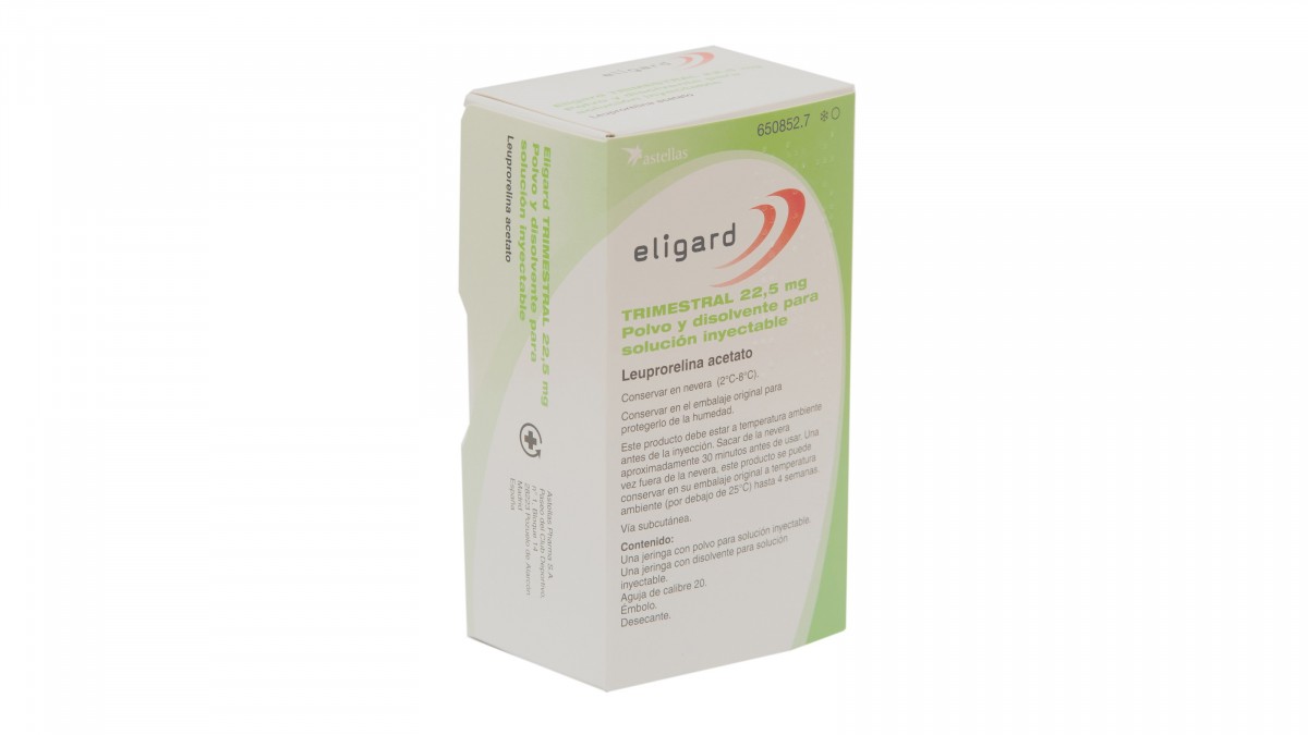 ELIGARD TRIMESTRAL  22,5 mg POLVO Y DISOLVENTE PARA SOLUCION INYECTABLE , 1 jeringa precargada + 1 jeringa precargada de disolvente fotografía del envase.