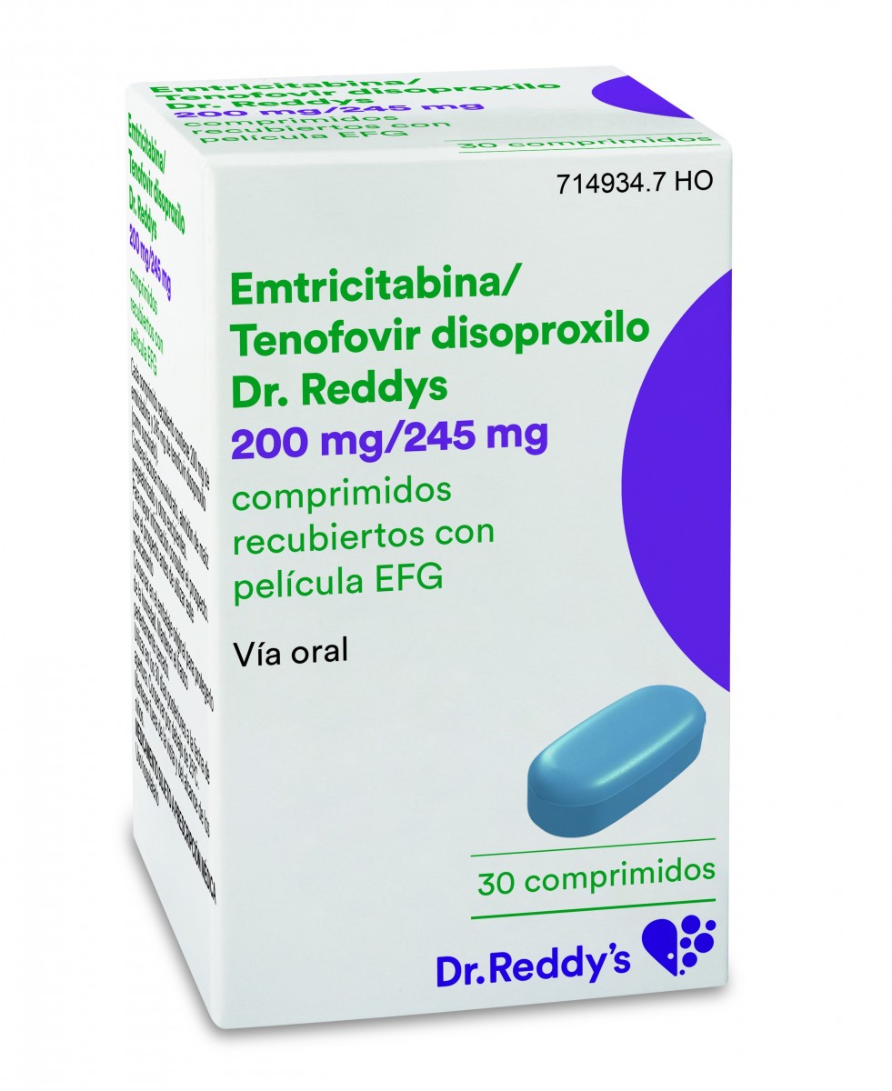 EMTRICITABINA/TENOFOVIR DISOPROXILO DR. REDDYS 200 MG/245 MG COMPRIMIDOS RECUBIERTOS CON PELICULA EFG, 30 comprimidos fotografía del envase.