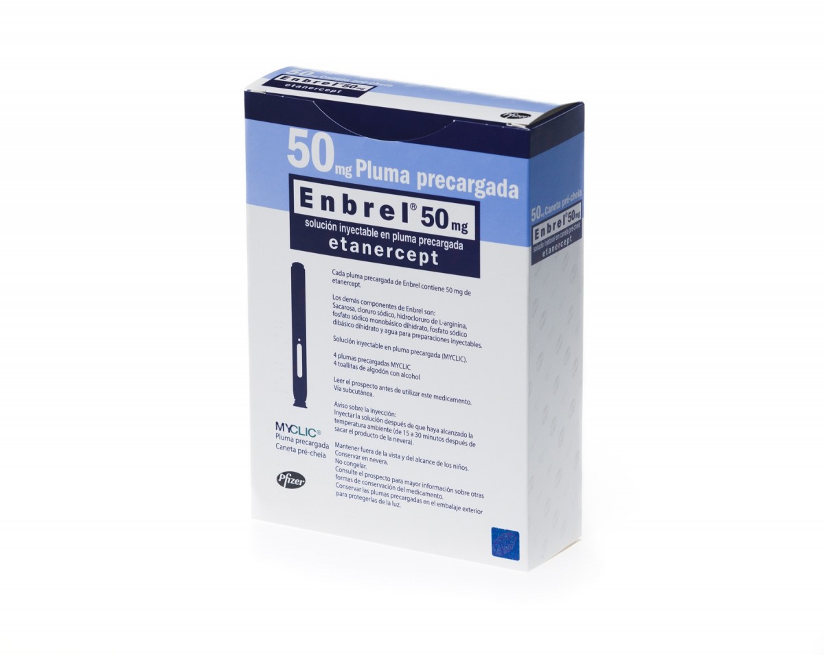 ENBREL 50 mg SOLUCION INYECTABLE EN PLUMAS PRECARGADAS, 4 plumas precargadas de 1 ml fotografía del envase.