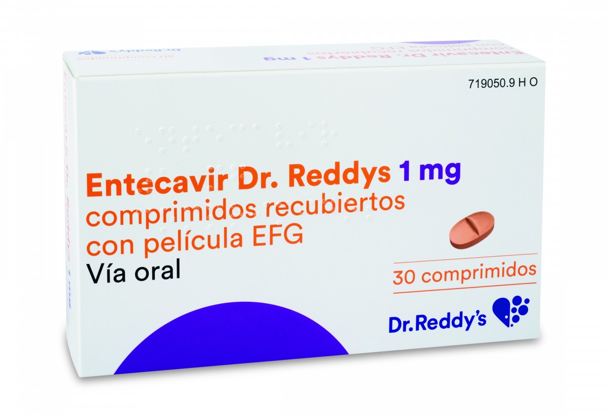 ENTECAVIR DR. REDDYS 1 MG COMPRIMDOS RECUBIERTOS CON PELICULA EFG, 30 comprimidos fotografía del envase.