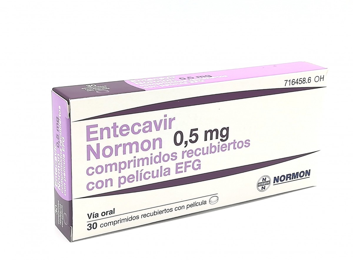 ENTECAVIR NORMON 0.5 MG COMPRIMIDOS RECUBIERTOS CON PELICULA EFG, 30 comprimidos fotografía del envase.