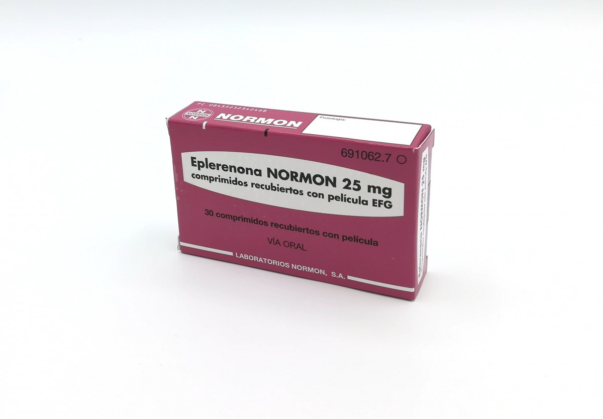 EPLERENONA NORMON 25 mg COMPRIMIDOS RECUBIERTOS CON PELICULA EFG, 30 comprimidos fotografía del envase.