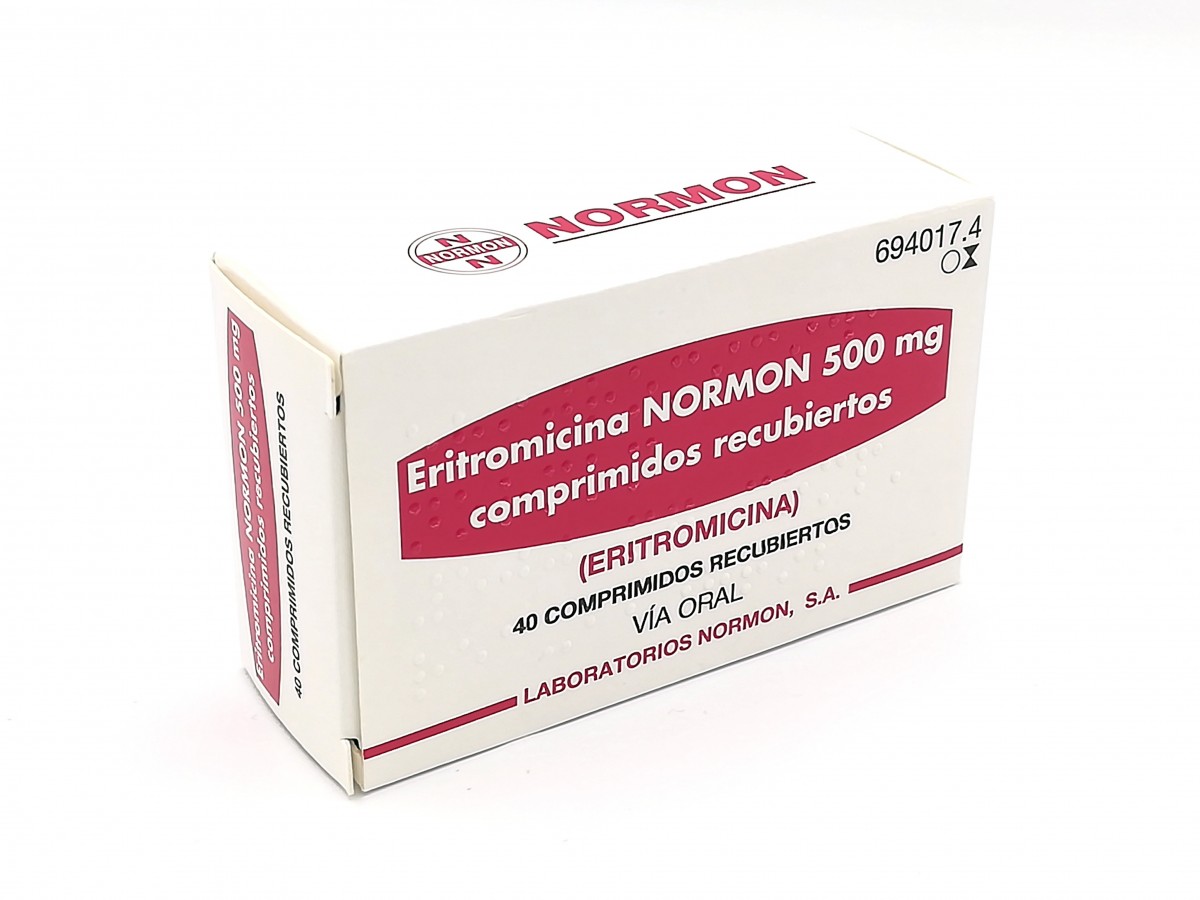 ERITROMICINA NORMON 500 MG COMPRIMIDOS RECUBIERTOS , 40 comprimidos fotografía del envase.