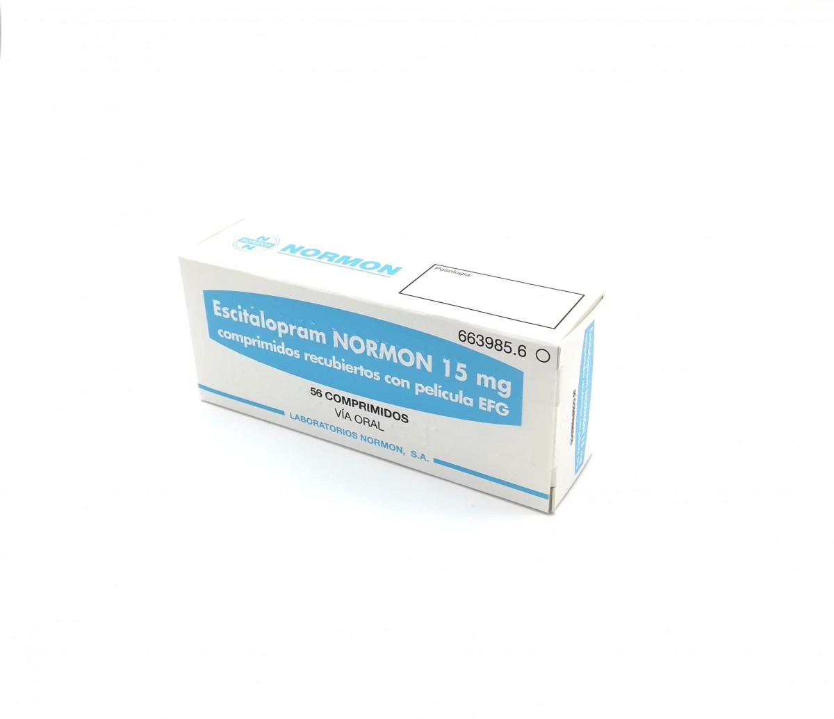 ESCITALOPRAM NORMON 15 mg COMPRIMIDOS RECUBIERTOS CON PELICULA EFG, 28 comprimidos fotografía del envase.