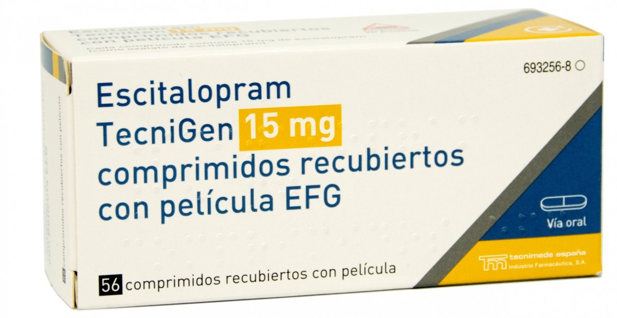 ESCITALOPRAM TECNIGEN 15 mg COMPRIMIDOS RECUBIERTOS CON PELICULA EFG , 56 comprimidos fotografía del envase.