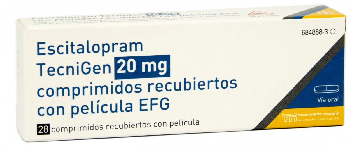 ESCITALOPRAM TECNIGEN  20 mg COMPRIMIDOS RECUBIERTOS CON PELICULA EFG , 28 comprimidos fotografía del envase.