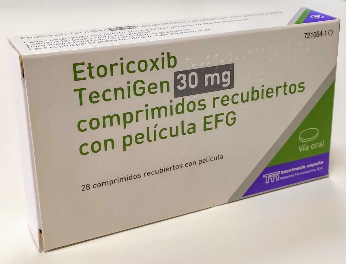 ETORICOXIB TECNIGEN 30 MG COMPRIMIDOS RECUBIERTOS CON PELICULA EFG 28 comprimidos fotografía del envase.