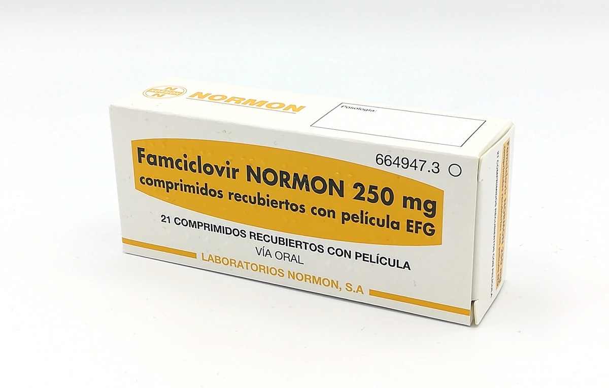 FAMCICLOVIR NORMON 250 mg COMPRIMIDOS RECUBIERTOS CON PELICULA EFG, 21 comprimidos fotografía del envase.