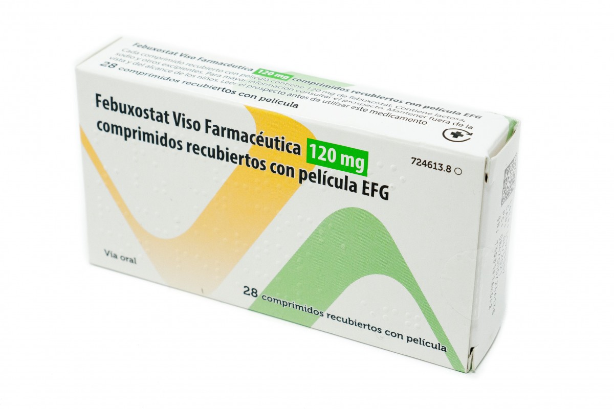 FEBUXOSTAT VISO FARMACEUTICA 120 MG COMPRIMIDOS RECUBIERTOS CON PELICULA EFG, 28 comprimidos (Blister PVC/PVDC) fotografía del envase.