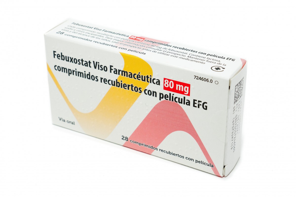 FEBUXOSTAT VISO FARMACEUTICA 80 MG COMPRIMIDOS RECUBIERTOS CON PELICULA EFG, 28 comprimidos (Blister PVC/PVDC) fotografía del envase.