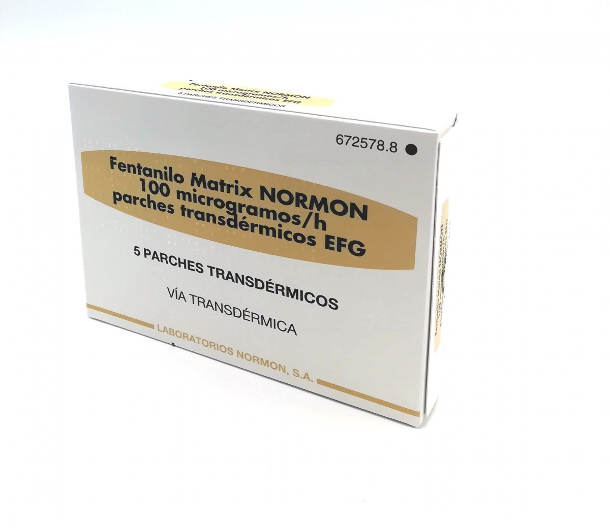 FENTANILO MATRIX NORMON 100 microgramos/H PARCHES TRANSDERMICOS EFG, 5 parches (papel/película de polietileno tereftalato /Al/poliacrilnitrilo copolímero) fotografía del envase.