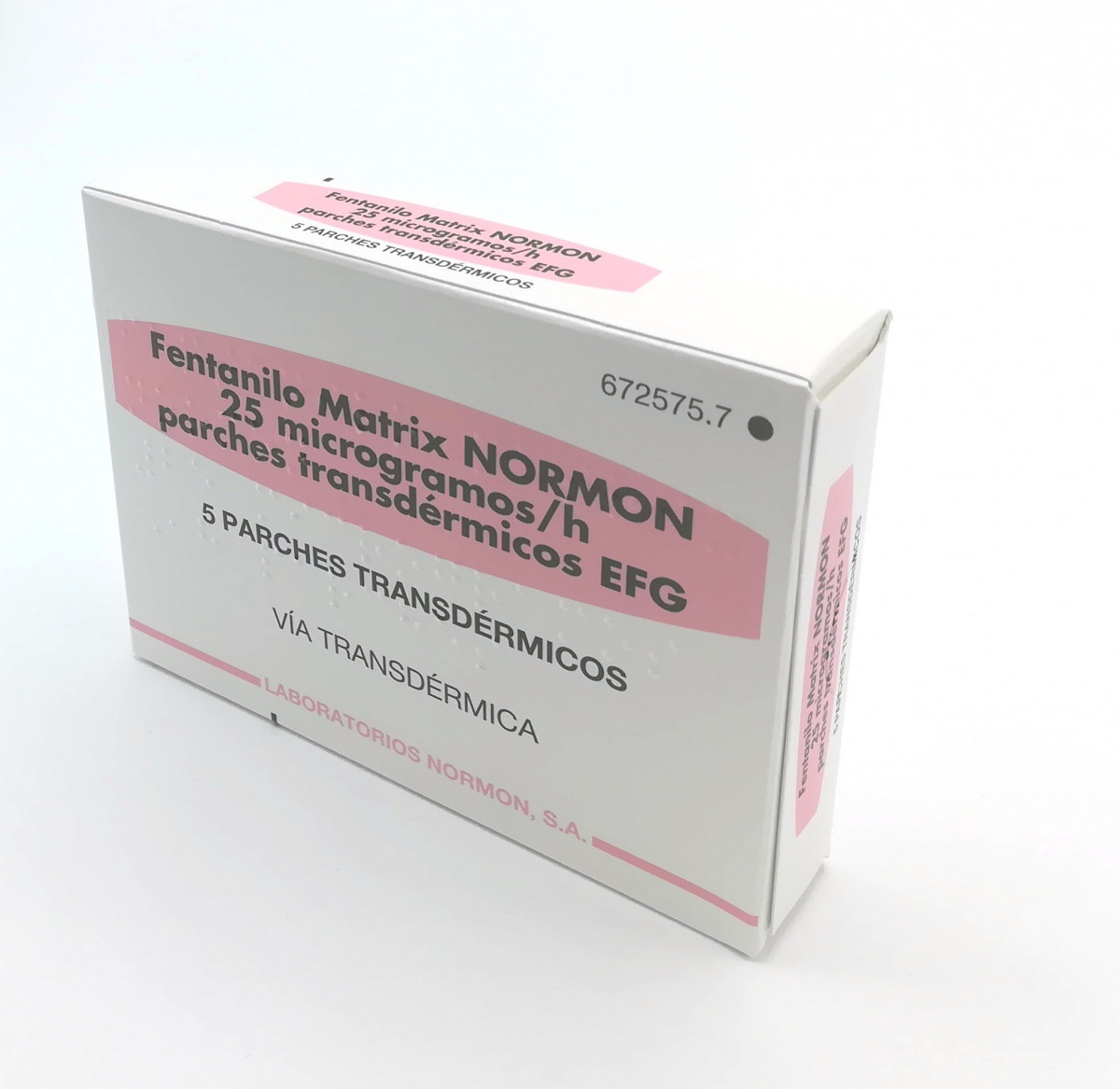 FENTANILO MATRIX NORMON 25 microgramos/H PARCHES TRANSDERMICOS EFG, 5 parches (papel/película de polietileno tereftalato /Al/poliacrilnitrilo copolímero) fotografía del envase.