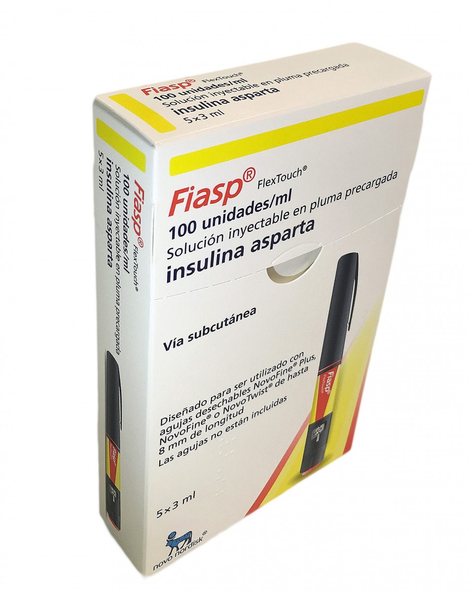 FIASP 100 UNIDADES/ML FLEXTOUCH SOLUCION INYECTABLE EN PLUMA PRECARGADA, 5 plumas precargadas de 3 ml fotografía del envase.