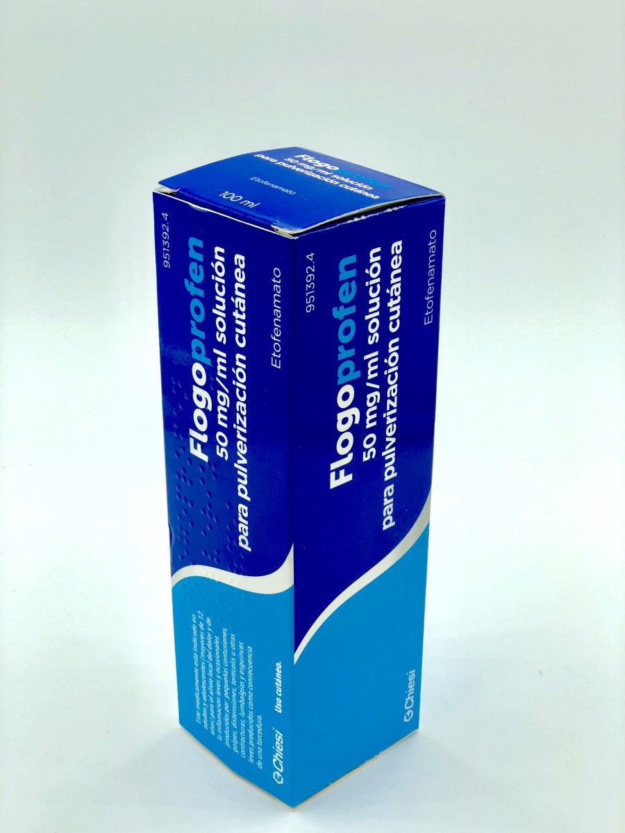 FLOGOPROFEN 50 mg/ml SOLUCION PARA PULVERIZACION CUTANEA , 1 frasco de 100 ml fotografía del envase.