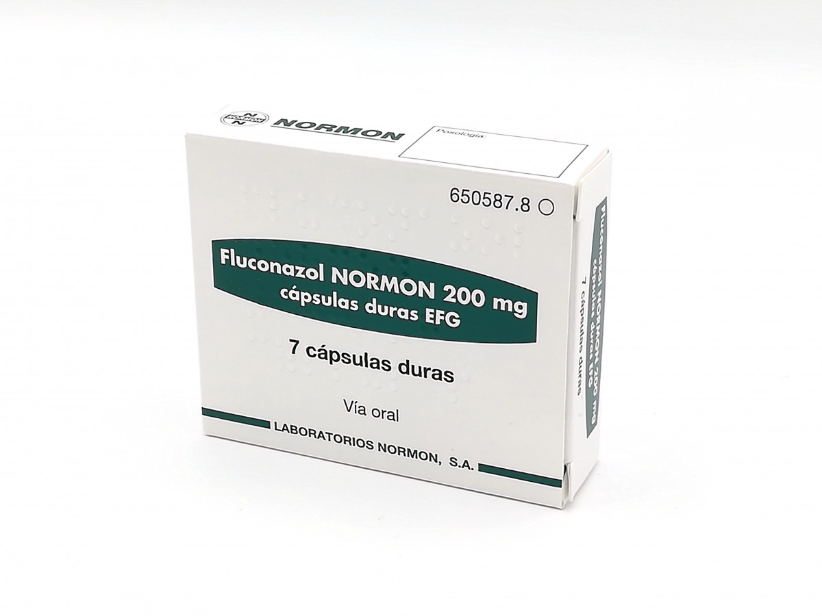 FLUCONAZOL NORMON 200 mg CAPSULAS DURAS EFG , 100 cápsulas fotografía del envase.