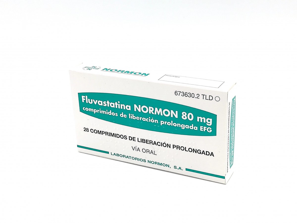 FLUVASTATINA NORMON 80 mg COMPRIMIDOS DE LIBERACION PROLONGADA EFG, 28 comprimidos fotografía del envase.