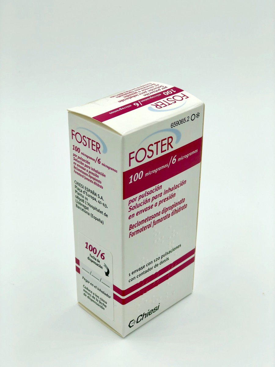FOSTER 100/6 microgramos/PULSACION SOLUCION PARA INHALACION EN ENVASE A PRESION , 1 inhalador de 120 dosis fotografía del envase.