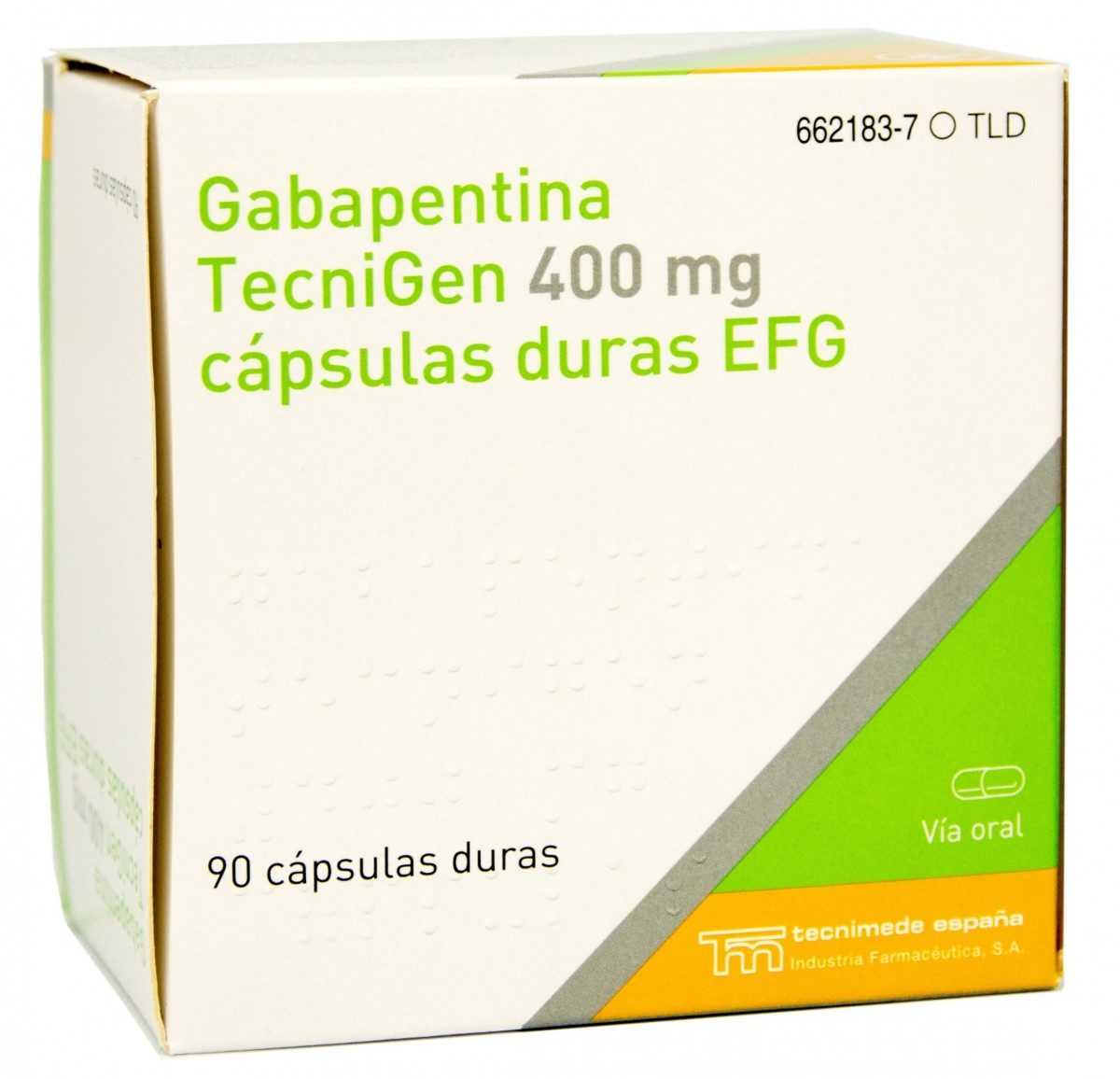 GABAPENTINA TECNIGEN 400 mg CAPSULAS DURAS EFG, 90 cápsulas fotografía del envase.