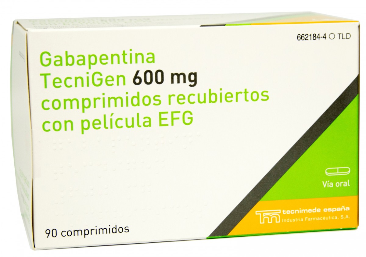 GABAPENTINA TECNIGEN 600 mg COMPRIMIDOS RECUBIERTOS CON PELICULA EFG, 90 comprimidos fotografía del envase.