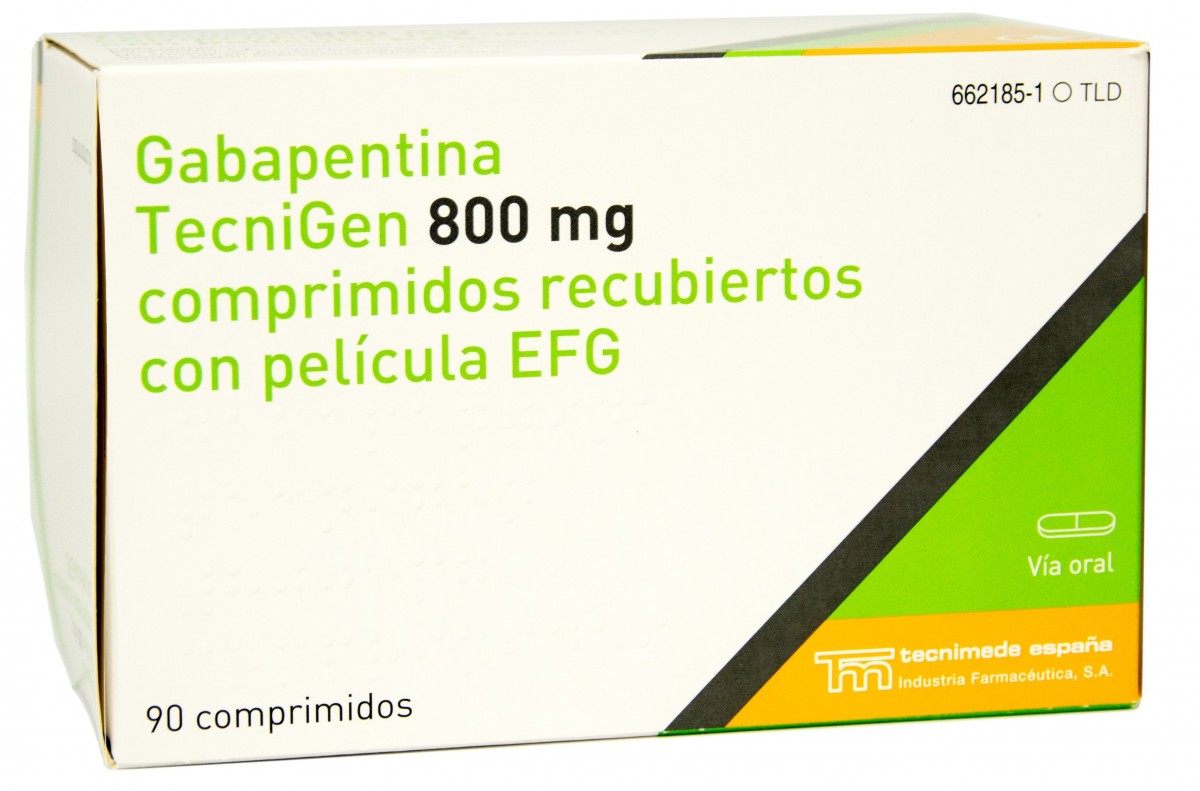 GABAPENTINA TECNIGEN 800 mg COMPRIMIDOS RECUBIERTOS CON PELICULA EFG, 90 comprimidos fotografía del envase.