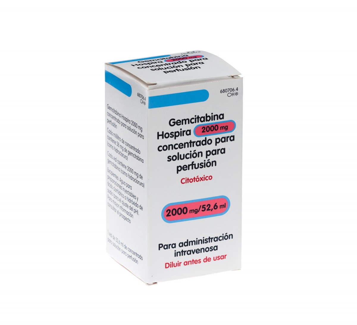 GEMCITABINA HOSPIRA 2000 mg CONCENTRADO PARA SOLUCION PARA PERFUSION , 1 vial de 52,6 ml fotografía del envase.
