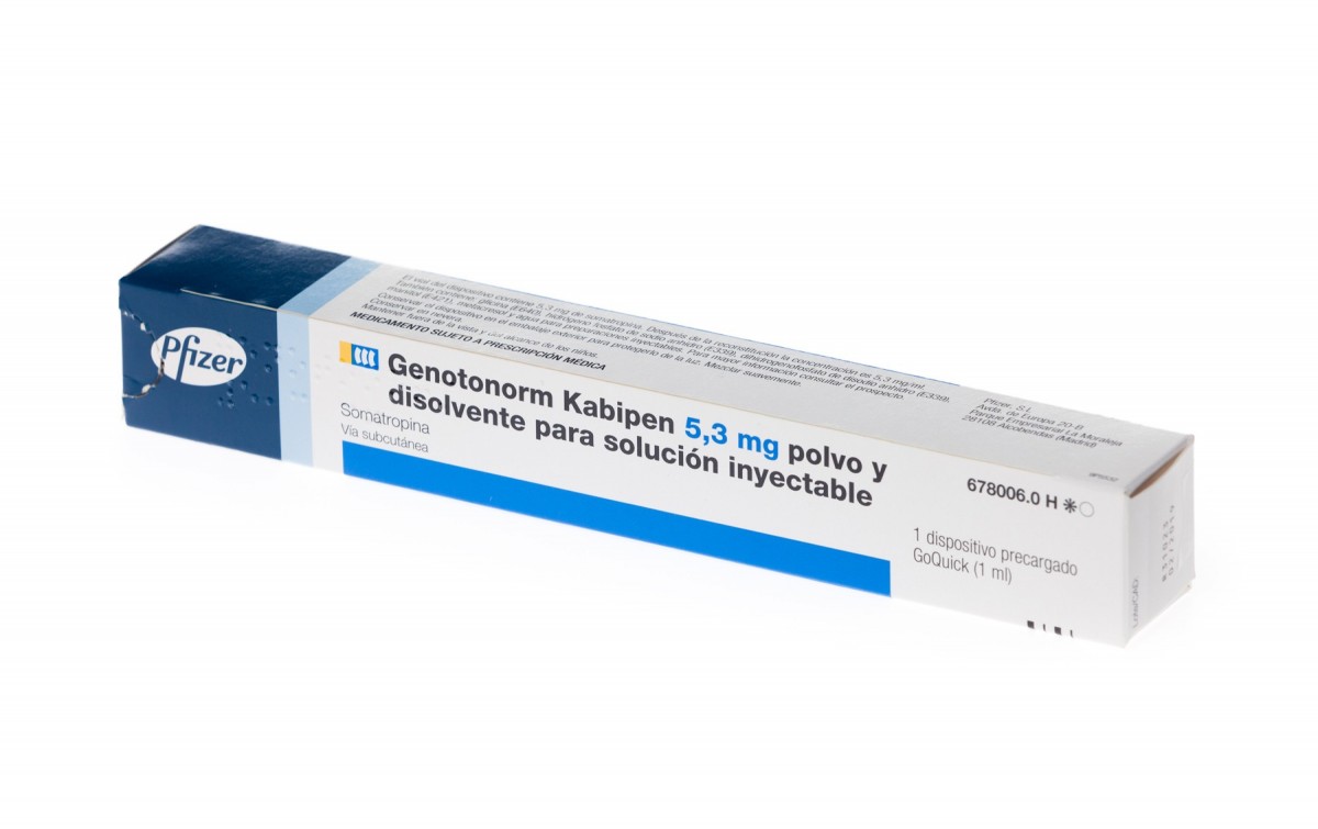 GENOTONORM KABIPEN 5,3 mg POLVO Y DISOLVENTE PARA SOLUCION INYECTABLE , 1 vial de doble cámara fotografía del envase.
