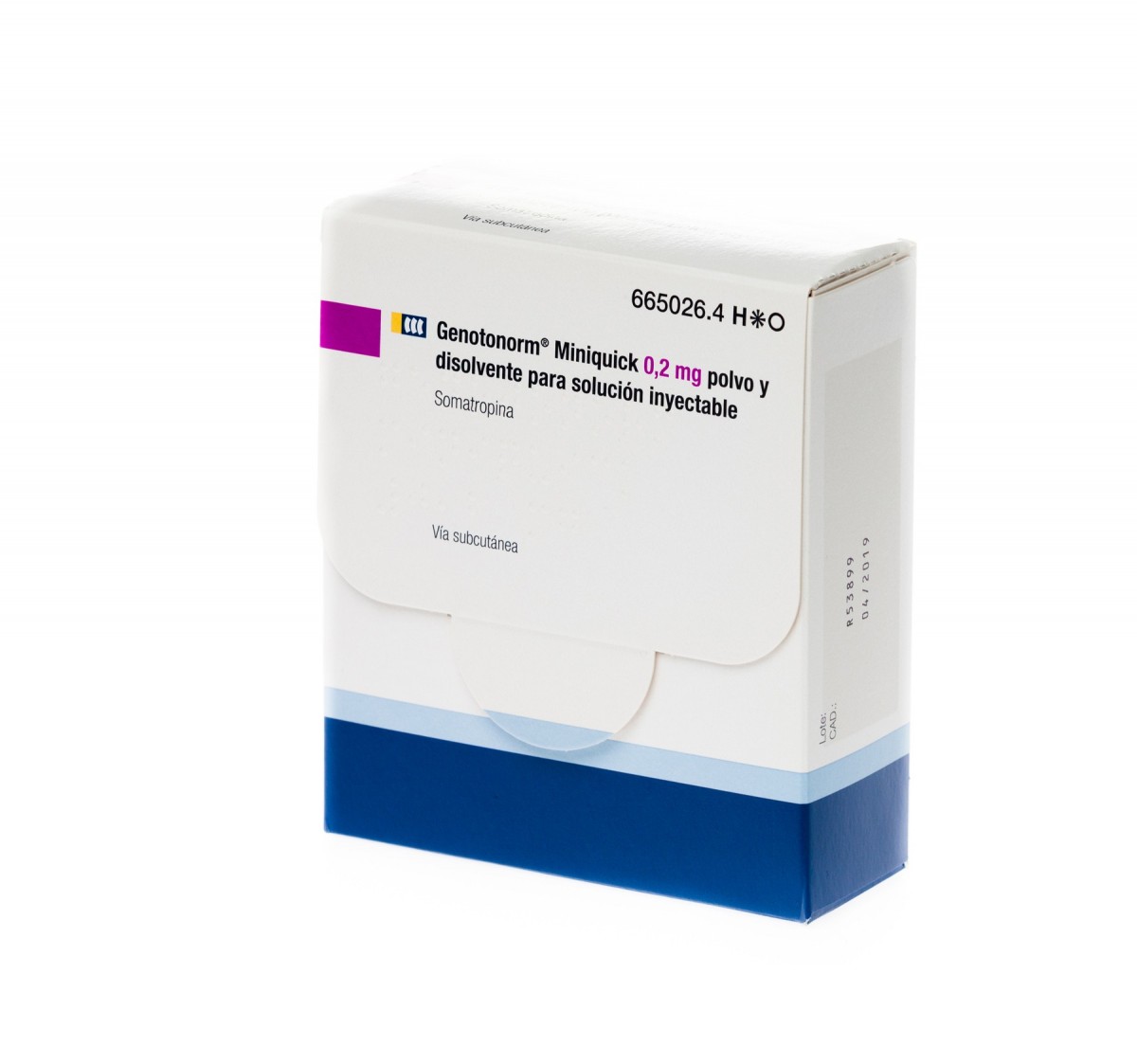 GENOTONORM MINIQUICK 0,2 mg POLVO Y DISOLVENTE PARA SOLUCION INYECTABLE 28 (4 x 7) viales de doble cámara fotografía del envase.