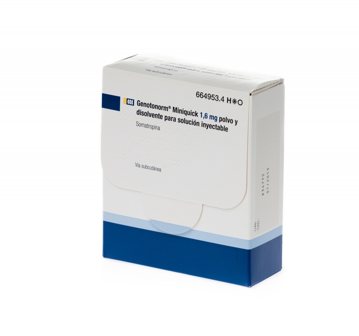 GENOTONORM MINIQUICK 1,6 mg POLVO Y DISOLVENTE PARA SOLUCION INYECTABLE , 28 (4 x 7) viales de doble cámara fotografía del envase.