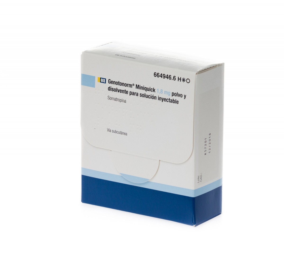 GENOTONORM MINIQUICK 1,8 mg  POLVO Y DISOLVENTE PARA SOLUCION INYECTABLE , 28 (4 x 7) viales de doble cámara fotografía del envase.