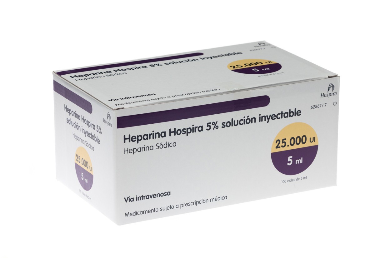 HEPARINA HOSPIRA 5% SOLUCION INYECTABLE,  100 viales de 5 ml fotografía del envase.